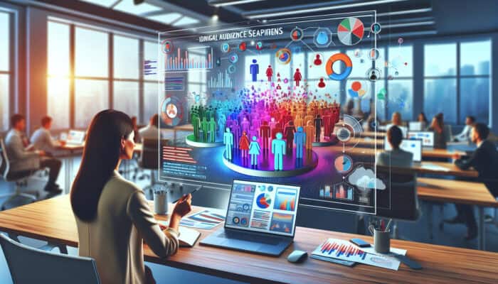 A Marketo digital workspace with a marketer selecting vibrant campaign templates, analysing colourful audience graphs, and viewing diverse demographic icons in a modern office.