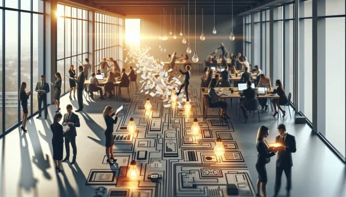 Debt Consolidation for Energy Bill Arrears: Key Strategies | DCL A financial advisor in a modern office merges scattered energy bills into a glowing document, as tangled power lines straighten, symbolising debt relief.