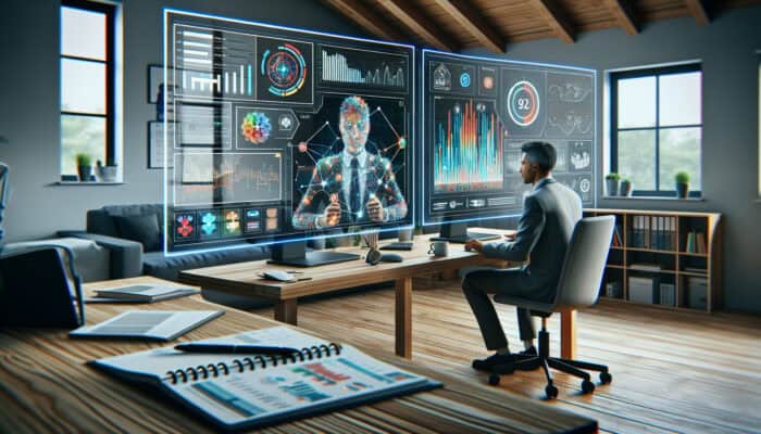 Focused virtual assistant analyses colourful data charts on dual monitors during a video call, surrounded by planners and books.