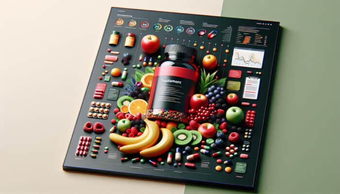 Vibrant supplement advertisement showcasing colourful pills and fresh fruits in a dynamic modern layout with bold red and green colours.