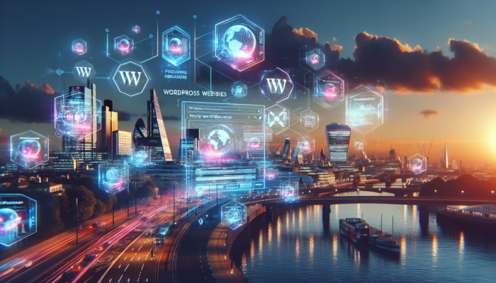 WordPress Website Design Company in Calne: A vibrant London skyline at dusk with holographic displays of evolving WordPress websites, showcasing mobile devices, AI circuits, SEO analytics, and personalised user interfaces.