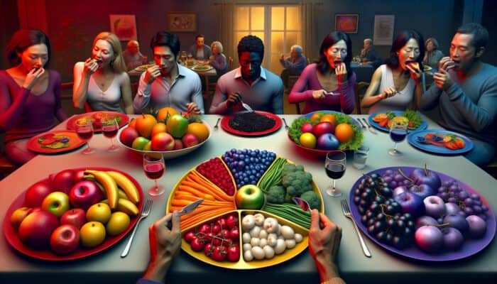 A vibrant kitchen still life featuring red fruits on a plate stimulating hunger, blue vegetables suppressing appetite, and diverse diners reacting.