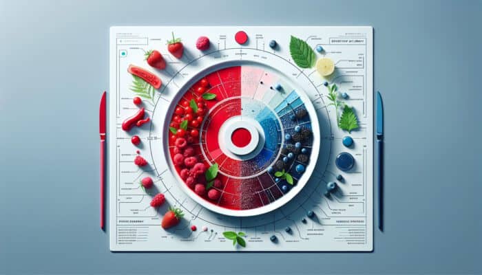 An elegant dish featuring red berries, blue sauces, and fresh greens on a white plate, illustrating colour psychology in a contemporary setting.