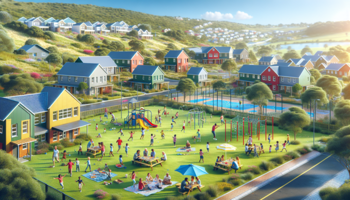 A vibrant Knysna neighborhood with mid-level homes, lush parks, a colorful school, families picnicking, children playing, and residents socializing under a blue sky.