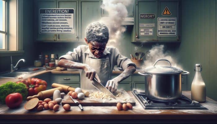 Common Kitchen Mistakes: A novice cook surrounded by clutter, unwashed floury hands, oblivious to a burning pot while chopping uneven ingredients.