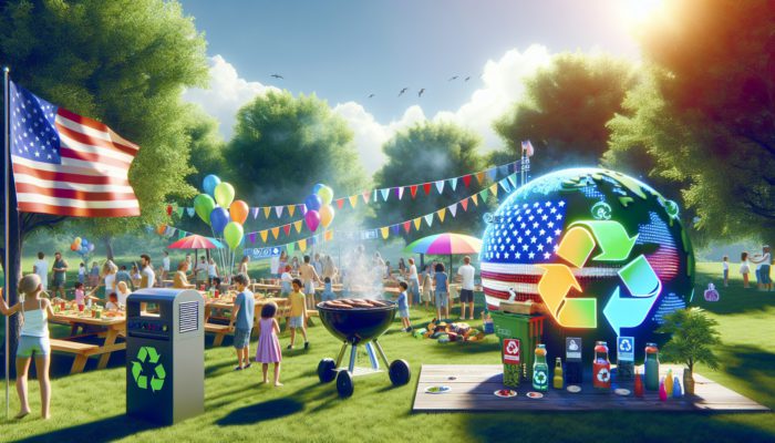 Outdoor BBQ in a lush US park: families grilling organic meats on eco-friendly grills, kids playing recycling games, signs promoting sustainability under clear sky.