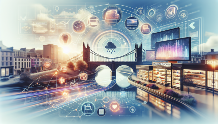 Illustration of an elegant online store in Barnstaple showcasing intuitive navigation, appealing displays, increasing sales graphs, satisfied customers, and a symbol of growth.