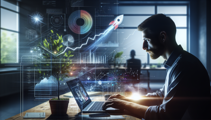 Entrepreneur in Barnstaple office analysing laptop dashboards showcasing user behaviour graphs, conversion rates, and evolving e-commerce trends.