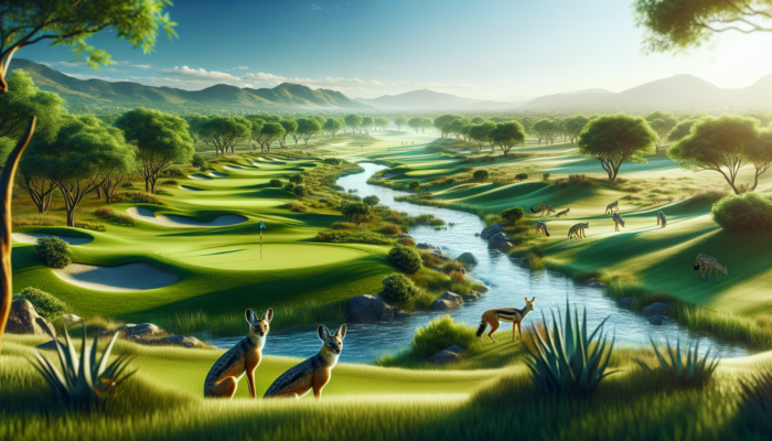 Aerial view showcasing Jackal Creek Golf Club: lush green fairways, sparkling creek, majestic trees, roaming jackals, and clear blue sky.