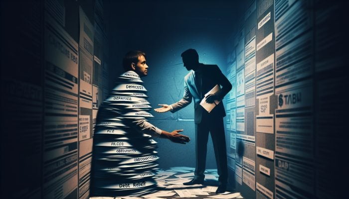 Debt Consolidation Scams to Avoid in the UK: Key Warnings | DCL Debt Consolidation Scams to Avoid in the UK: Desperate person in dimly lit room, surrounded by unpaid bills, shakes hands with shadowy figure offering fake contract for debt scam.