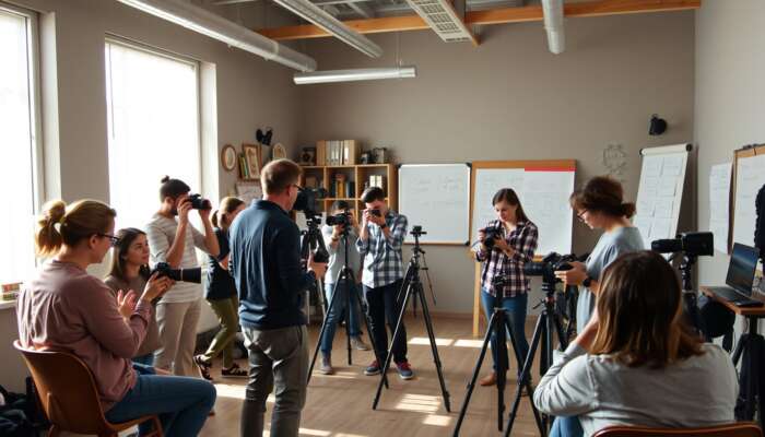 Diverse participants practice photography techniques in a sunlit studio, guided by an expert instructor amid cameras, tripods, and props.