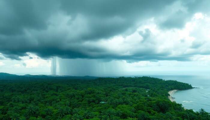 Lush Belizean jungle during rainy season, with dark storm clouds over verdant forests and the Caribbean Sea, showing cascading rains influenced by El Niño.