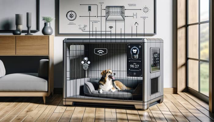 Tech-Integrated Crates For Pets: A modern pet crate with sensors, wireless connectivity, and a digital display, holding a comfortable dog in a cosy home setting.