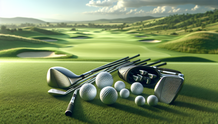 Premium golf clubs and specialized balls on a lush green South African course with rolling hills and bright blue sky.