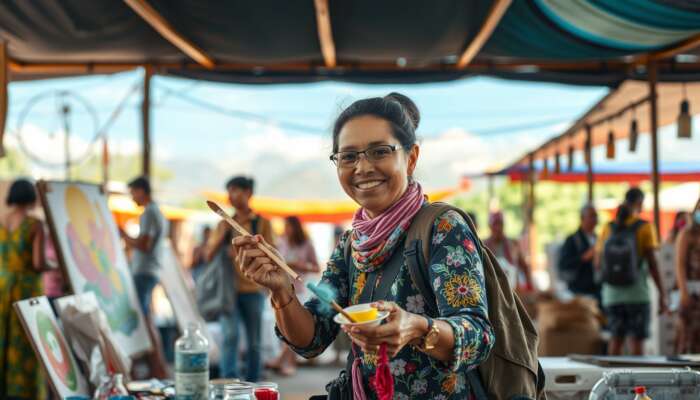 A traveler painting in a lively local art class amid a bustling market, with others participating in wildlife conservation and adventure sports.