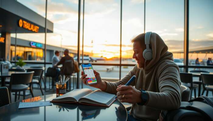 A traveller at an airport café checks a smartphone app with colorful expense categories, while writing in a notebook, surrounded by travel items under a sunset sky.