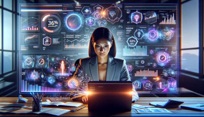 Digital marketer in modern office analyzes vibrant dashboard with video PPC metrics and floating holographic icons.