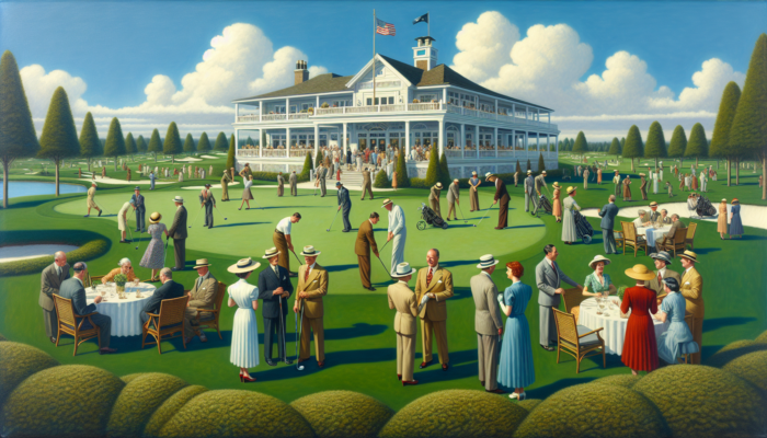White River Country Club: 1930s scene at White River Country Club: golfers in period attire teeing off on lush greens, leaders mingling at elegant gatherings under clear sky.