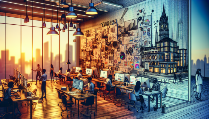 A design team in Yate collaborates in a modern studio with sleek computers, colorful sketches, and innovative prototypes under warm lighting.