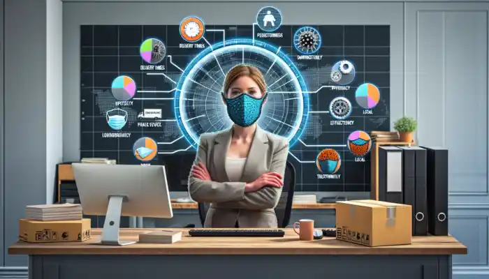 Business analyst in a contemporary Darlington office reviewing PPE suppliers with charts, icons, and customized masks for efficiency.