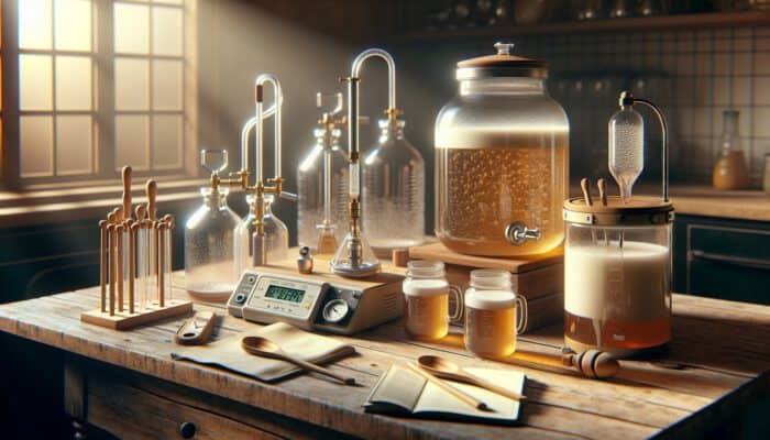 Rustic wooden table with fermentation equipment: bubbling glass jars, airlock, digital thermometer, hydrometer, and stirring spoons in golden light.