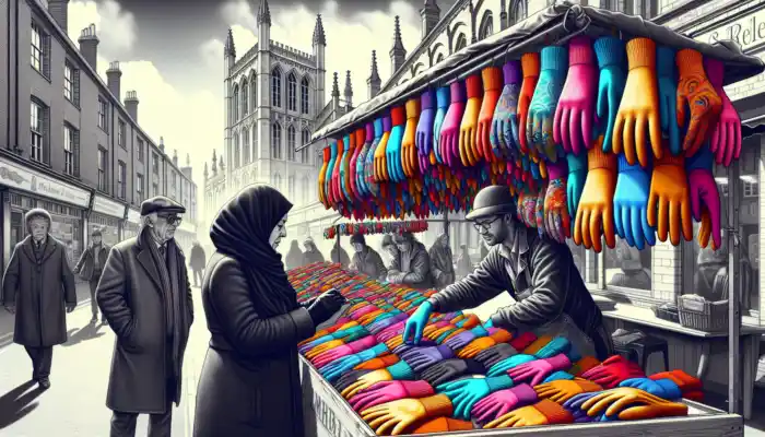 A shopper inspects colourful gloves at a vibrant Leicester market stall, with historic brick buildings and a grey sky in the background.