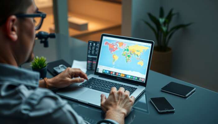 A traveller at a sleek desk organises vacation logistics on a laptop, showcasing flight bookings, hotel reservations, and a colourful itinerary map.