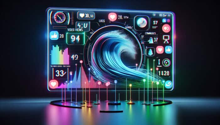 A vibrant digital dashboard showing a surging graph of video views, colourful icons for likes, shares, and comments, and a ticking watch time clock with neon visualizations.