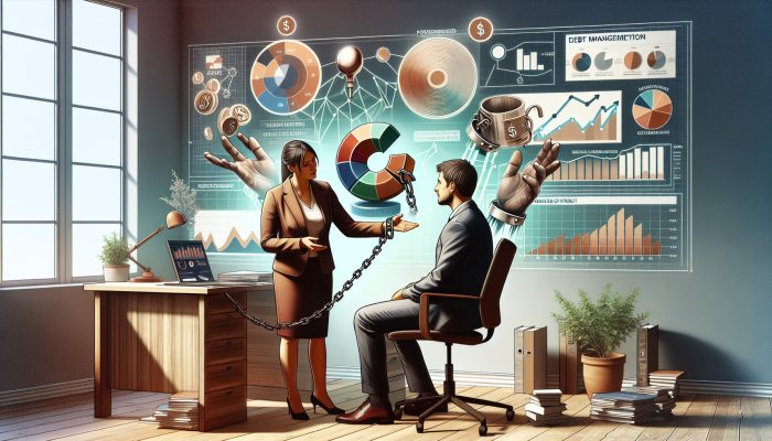 National Debtline vs Debt Consolidation Loans | DCL A compassionate advisor guides a relieved client through debt management in a modern UK office, surrounded by symbols of financial freedom like breaking chains and rising graphs.