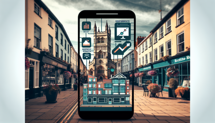 Small business owners in Exeter's modern office view responsive mobile websites on smartphones, with graphs indicating performance growth and the cathedral in the background.