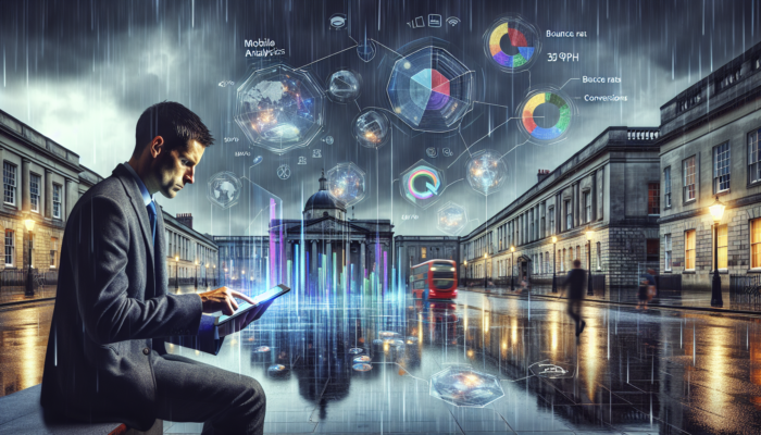 In Exeter's historic streets, an analyst reviews mobile website metrics on a tablet with holographic graphs, Google icons, and a rainy skyline.