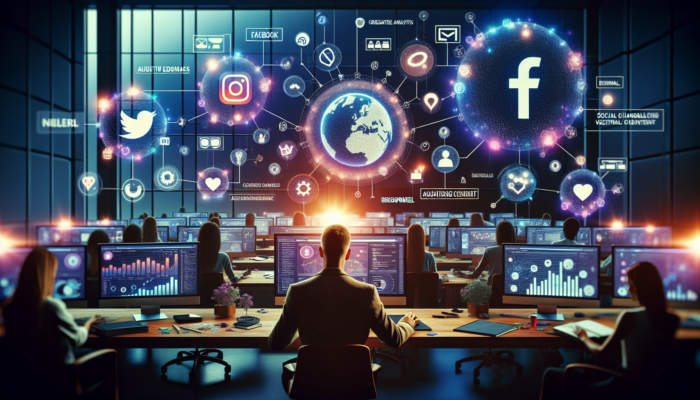 Social Media Management in Bridgwater for Small Business: A focused social media manager in a vibrant Bridgwater workspace strategises content for Facebook, Instagram, and Twitter amid glowing analytics screens and creative idea boards.