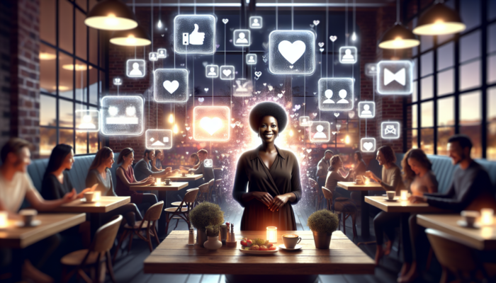 E-Commerce Marketing in Blandford Forum for Small Businesses: Small business owner in a cosy café surrounded by glowing social media screens and targeted ad icons for enhanced visibility.