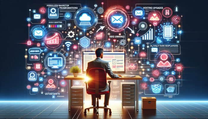 A marketer at a desk composes personalised emails for hosting upgrades, surrounded by glowing add-on icons and engaged customers in a vibrant tech office.