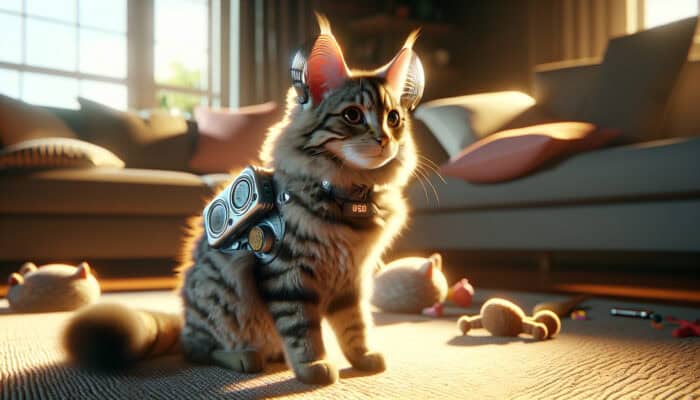 Hearing Aid Alternatives for Cats: Fluffy tabby cat wearing a futuristic sound amplifier on its ear, perking up in a sunlit living room with toys and cushions.