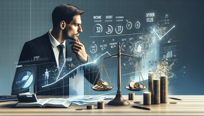 UK financial advisor analyzes income and debt charts in modern office, with scale balancing coins and loans for APR eligibility factors.