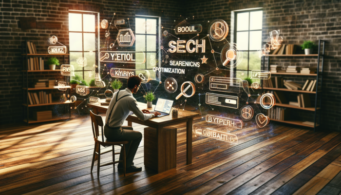 On-Page SEO in Yeovil for Small Business: A small business owner in Yeovil optimises a website on a laptop, surrounded by floating SEO icons like keywords and meta tags.