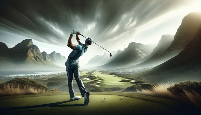 How to Improve Golf Flexibility: A South African golfer demonstrates flexibility in a powerful swing on Western Cape fairways, with dramatic mountains and stormy skies behind.