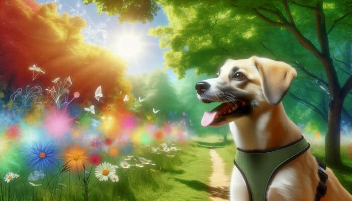 A joyful dog in a well-fitted harness walks comfortably in a sunny park among trees and wildflowers.