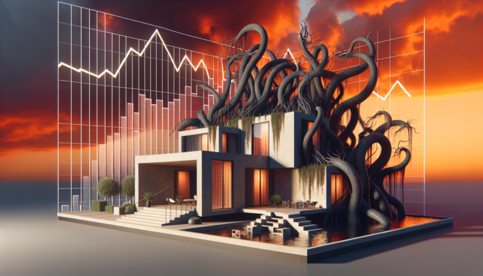 A modern house in Lephalale entangled in shadowy vines, with a cracked foundation, downward graph, and orange sunset sky.