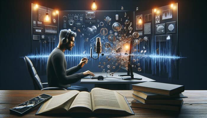A focused creator in a podcast studio speaks into a sleek microphone while editing waveforms on a computer, surrounded by books and glowing lights.