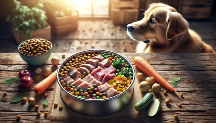 A bowl of premium grain-free dog food with fresh lamb, chicken, fish, and colorful vegetables on a wooden table, next to a golden retriever in natural light.