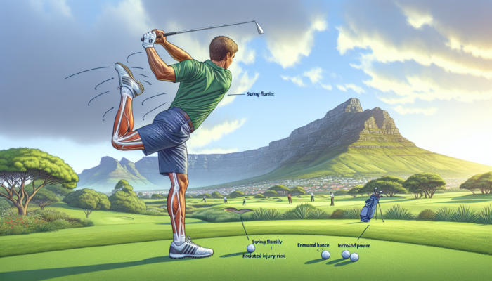 A focused South African golfer dynamically stretching on a lush green course near Table Mountain under a sunny sky.