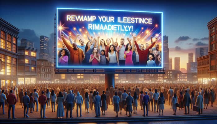 Urban twilight scene: a luminous billboard displays "Transform Your Life Now!" featuring images of diverse individuals thriving, as a smiling crowd engages below.