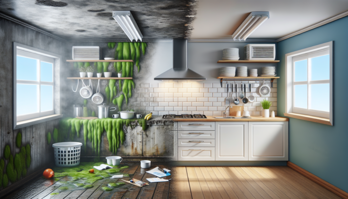 South African kitchen renovation: the left side shows damp walls with green mould and foggy windows; the right side features modern exhaust fans and bright, airy surfaces.