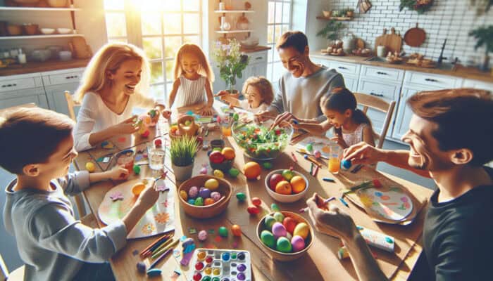 Children in a sunny kitchen decorate colourful Easter eggs with crayons, mix fresh fruit salad, and set the table with smiling family.