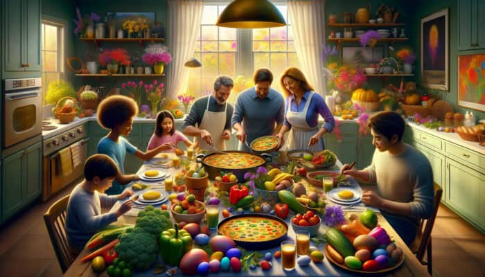 A diverse family collaborates in a sunlit kitchen, preparing a colourful vegetable frittata with fresh ingredients and Easter eggs.