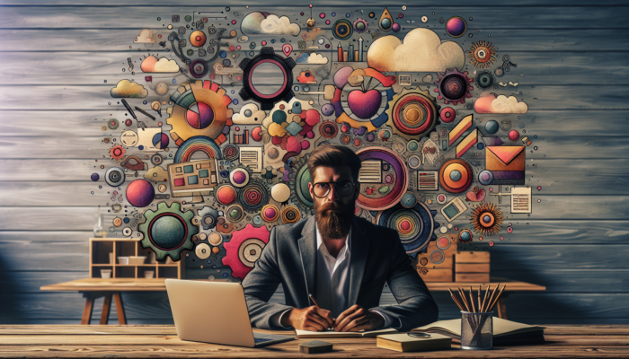 Expert Content Creation in Newent for Small Businesses: An entrepreneur working in a cozy Newent workshop with a laptop, SEO graphs, sticky notes, storyboards, and vibrant photos.