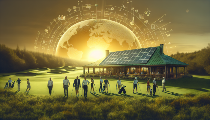 Breathtaking view of Westlake Golf Club's lush green course, featuring solar panels on the clubhouse as diverse members engage in community events under a golden sunrise.