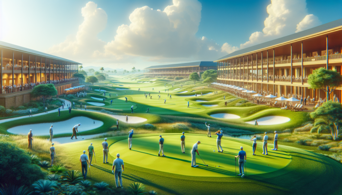 Vibrant scene at Westlake Golf Club: members teeing off on a meticulously maintained course under sunny skies, socialising in an elegant clubhouse.